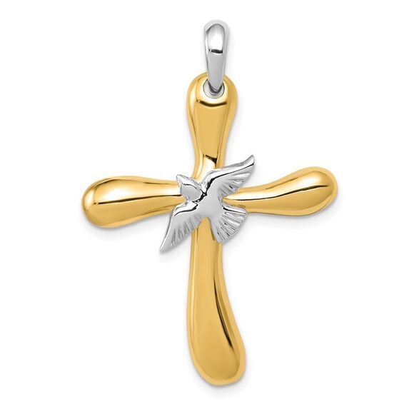 14k Two Tone Gold Rounded Dove Cross Pendant, 26 x 38mm - Picture 1 of 5